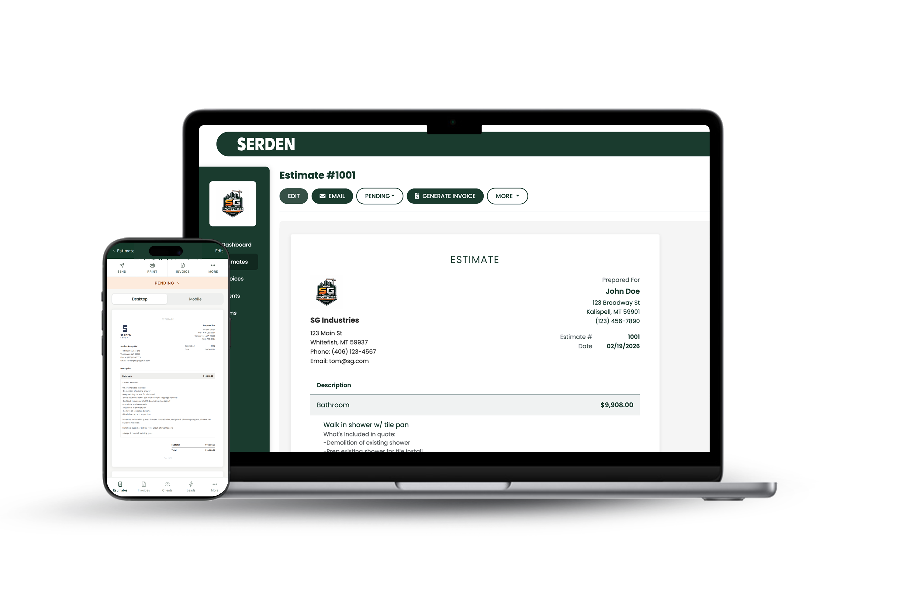A Serden estimate open on a laptop and a phone, showing line items and a total